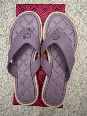Tory Burch Lavender Quilted Flip Flop Sandals with Rope-Trim Sole